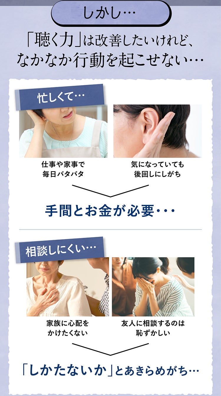 しかし… 「聴く力」は改善したいけれど、なかなか行動を起こせない… 忙しくて… 仕事や家事で毎日バタバタ 気になっていても後回しにしがち 手間とお金が必要・・・ 相談しにくい… 家族に心配をかけたくない 友人に相談するのは恥ずかしい 「しかたないか」とあきらめがち…