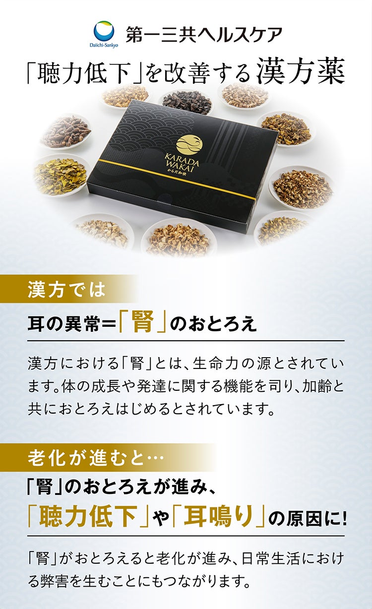 第一三共ヘルスケア  「聴力低下」を改善する漢方薬 漢方では 耳の異常=「腎」のおとろえ 漢方における「腎」とは、生命力の源とされています。体の成長や発達に関する機能を司り、加齢と共におとろえはじめるとされています。 老化が進むと… 「腎」のおとろえが進み、「聴力低下」や「耳鳴り」の原因に！ 「腎」がおとろえると老化が進み、日常生活における弊害を生むことにもつながります。