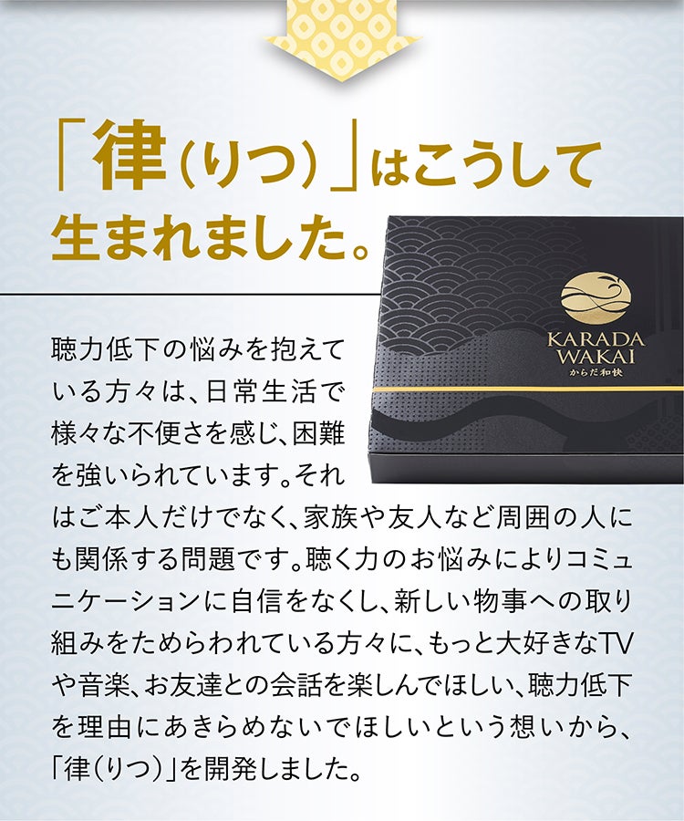 「律（りつ）」はこうして生まれました。 聴力低下の悩みを抱えている方々は、日常生活で様々な不便さを感じ、困難を強いられています。それはご本人だけでなく、家族や友人など周囲の人にも関係する問題です。聴く力のお悩みによりコミュニケーションに自信をなくし、新しい物事への取り組みをためらわれている方々に、もっと大好きなTVや音楽、お友達との会話を楽しんでほしい、聴力低下を理由にあきらめないでほしいという想いから、「律（りつ）」を開発しました。